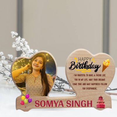 Personalised Wooden Happy Birthday Double Heart Photo Frame  Birthday Quote Wood Frame for Bestie, Sister, or Daughter  Tabletop Birthday Decor & Keepsake